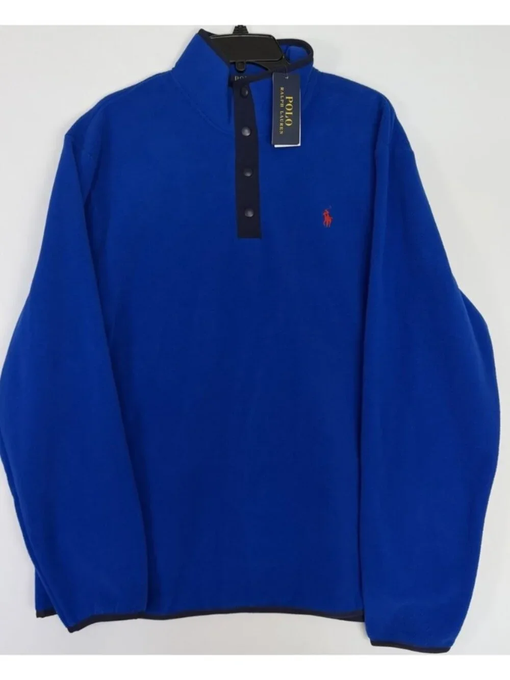 Polo Ralph Lauren Men's L Large Fleece Pullover Mock Neck Blue Snap Jacket New